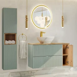 Ensemble meuble simple vasque 100cm et colonne Jade Vert et Bois