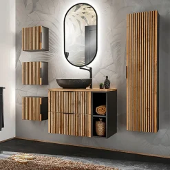 Ensemble meuble simple vasque 80cm 2 niches miroir LED colonne et 3 armoires murales Gaia Bois et Noir - Vasque Noir