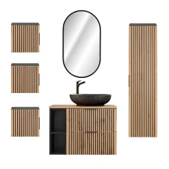 Ensemble meuble simple vasque 80cm 2 niches miroir LED colonne et 3 armoires murales Gaia Bois et Noir - Vasque Noir