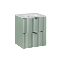 Ensemble meuble simple vasque encastree 50cm 2 tiroirs et colonne Jade Vert et Bois