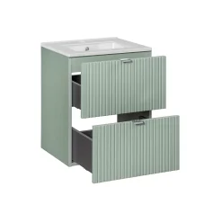 Ensemble meuble simple vasque encastree 50cm 2 tiroirs et colonne Jade Vert et Bois