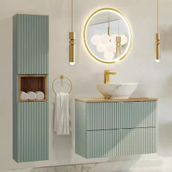 Ensemble meuble simple vasque 80cm 2 tiroirs et colonne Jade Vert et Bois