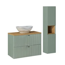 Ensemble meuble simple vasque 80cm 2 tiroirs et colonne Jade Vert et Bois