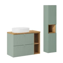 Ensemble meuble simple vasque 80cm 2 tiroirs 2 niches et colonne Jade Vert et Bois
