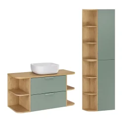 Ensemble meuble simple vasque 100cm niches arrondies et colonne Oria Vert mat