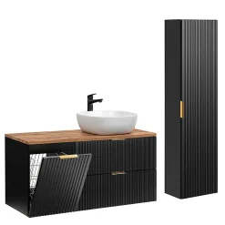Ensemble meuble simple vasque 120cm panier à linge et colonne Adriel Noir et Bois