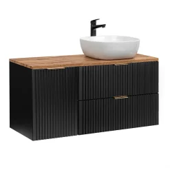 Ensemble meuble simple vasque 120cm panier à linge et colonne Adriel Noir et Bois