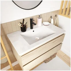 Ensemble meuble simple vasque SORRENTO 80cm avec plan céramique, robinet, miroir et colonne