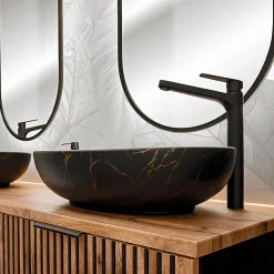 Ensemble meuble simple vasque 100cm miroir LED et colonne Gaia Bois et Noir - Vasque Noir