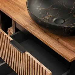 Ensemble meuble simple vasque 100cm miroir LED et colonne Gaia Bois et Noir - Vasque Noir