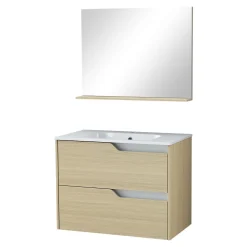 Ensemble meuble sous-vasque 2 tiroirs l. 80 cm + plan vasque + miroir, décor bois, Tolima
