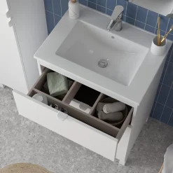 Ensemble meuble vasque blanc mat l.60 cm + plan vasque blanc en céramique + miroir, Otto