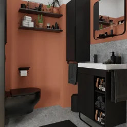 Ensemble meuble vasque faible profondeur noir avec porte-serviettes l.65 x H.82 x P.36 cm + plan vasque blanc résine + miroir, GoodHome Maza