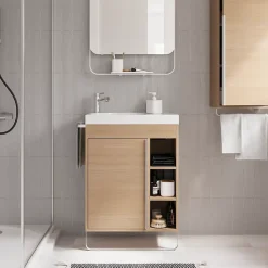 Ensemble meuble vasque faible profondeur effet bois avec porte-serviettes l.65 x H.82 x P.36 cm + plan vasque résine blanc + miroir, GoodHome Maza