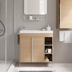 Ensemble meuble vasque faible profondeur effet bois avec porte-serviettes l.85 x H.82 x P.36 cm + plan vasque résine blanc + miroir, GoodHome Maza