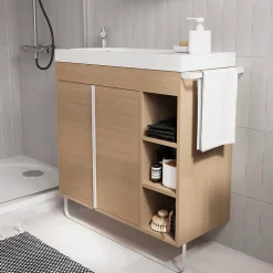 Ensemble meuble vasque faible profondeur effet bois avec porte-serviettes l.85 x H.82 x P.36 cm + plan vasque résine blanc + miroir, GoodHome Maza