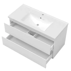 Ensemble meuble vasque L.100cm blanc 2 tiroirs + lavabo + colonne