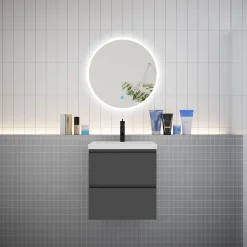 Ensemble meuble vasque L.50cm 2 tiroirs + lavabo + LED miroir rond 60cm,anthracite