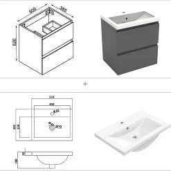 Ensemble meuble vasque L.50cm 2 tiroirs + lavabo + LED miroir rond 60cm,anthracite
