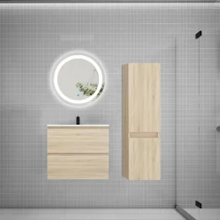 Ensemble meuble vasque L.60cm 2 tiroirs + lavabo + LED miroir rond 60cm + colonne,chêne easy