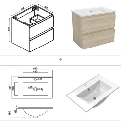 Ensemble meuble vasque L.60cm 2 tiroirs + lavabo + LED miroir rond 60cm + colonne,chêne easy