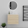 Ensemble meuble vasque L.60cm 2 tiroirs + lavabo + LED miroir rond 60cm,chêne,modèle A