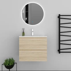 Ensemble meuble vasque L.60cm 2 tiroirs + lavabo + LED miroir rond 60cm,chêne,modèle A