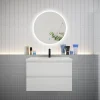 Ensemble meuble vasque L.80cm 2 tiroirs + lavabo + LED miroir rond 70cm,blanc