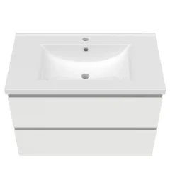 Ensemble meuble vasque L.80cm 2 tiroirs + lavabo + LED miroir rond 70cm,blanc