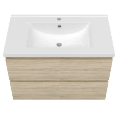 Ensemble meuble vasque L.80cm chêne 2 tiroirs + lavabo + colonne
