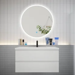 Ensemble meuble vasque L.100cm 2 tiroirs + lavabo + LED miroir rond 90cm,blanc,easy