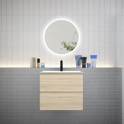 Ensemble meuble vasque L.60cm 2 tiroirs + lavabo + LED miroir rond 60cm,chêne
