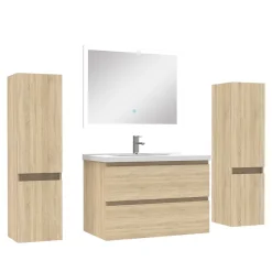Ensemble meubles Salle de Bain 80cm vasque + colonne x2 + LED miroir Chêne Wotan