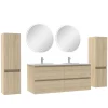 Ensemble meubles Salle de Bain avec colonne + miroir rond mural 120cm meuble Chêne Wotan