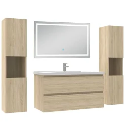 Ensemble meubles Salle de Bain 100cm avec colonne et miroir lumineux 3 couleurs et dimmable Chêne Wotan