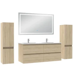 Ensemble meubles Salle de Bain 120cm avec colonne et miroir lumineux 3 couleurs Chêne Wotan