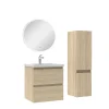 Ensemble meubles Salle de Bain 50cm vasque + colonne + miroir rond lumineux Chêne Wotan