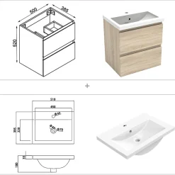 Ensemble meubles Salle de Bain 50cm vasque + colonne + miroir rond lumineux Chêne Wotan