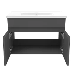 Ensemble meubles Salle de Bain simple vasque 60cm + rond miroir lumineux Anthracite