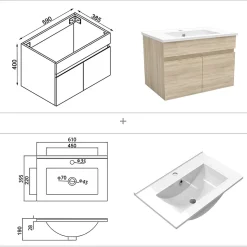 Ensemble meubles Salle de Bain simple vasque 60cm + miroir lumineux Chêne Wotan