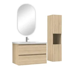 Ensemble meubles simple vasque 80cm,colonne + miroir ovale Chêne Wotan