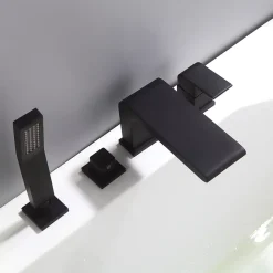 Ensemble Robinet mélangeur Noir Baignoire 4 trous en Cascade, Ensemble Pommeau Douchette Bain - 6080B