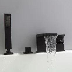 Ensemble Robinet mélangeur Noir Baignoire 4 trous en Cascade, Ensemble Pommeau Douchette Bain - 6080B