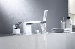 Ensemble Robinet mélangeur Chrome Baignoire 4 trous en Cascade, Ensemble Pommeau Douchette Bain - 6080