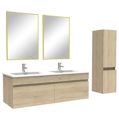 Ensemble Salle De Bain 120cm Chêne Wotan meuble et miroir et colonne et double vasque