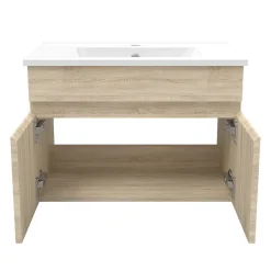 Ensemble Salle De Bain simple vasque 60cm meuble Chêne Wotan avec miroir lumineux