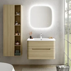 Ensemble salle de bains L. 84 cm meuble sous vasque décor chêne clair + plan vasque blanc brillant Alba