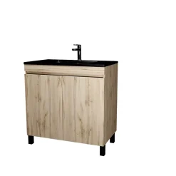 Ensemble sous vasque à poser effet chêne naturel 2 portes + vasque noire, l.80 cm, Galedo Timber