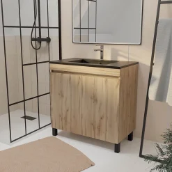 Ensemble sous vasque à poser effet chêne naturel 2 portes + vasque noire, l.80 cm, Galedo Timber