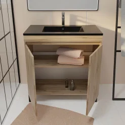 Ensemble sous vasque à poser effet chêne naturel 2 portes + vasque noire, l.80 cm, Galedo Timber
